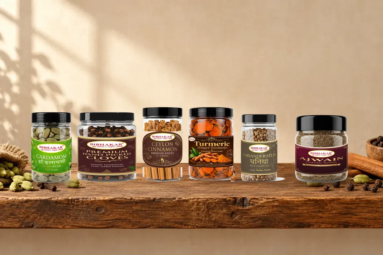 Bibhakar Spices range of single-origin whole spices in clear PET jars