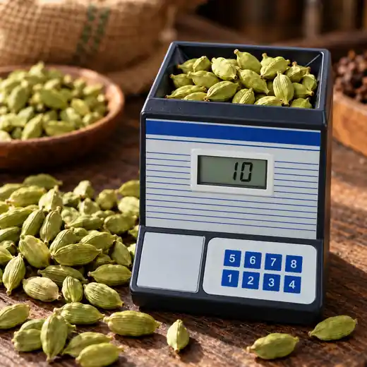 Moisture meter with green cardamom pods for in-house lot checks