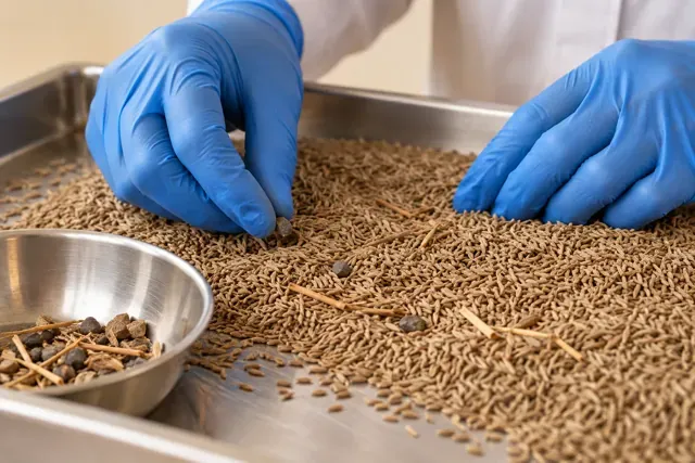 Cumin seeds being hand-sorted on a stainless steel tray to remove stones and stems