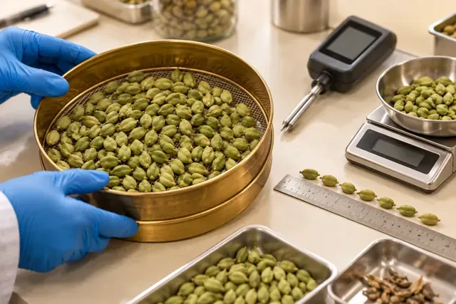 Green cardamom pods graded by size with a sieve, moisture meter and digital scale