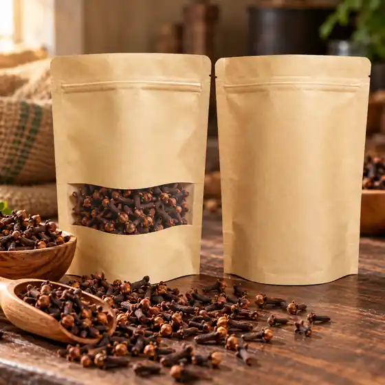 Kraft stand-up pouches with whole cloves, private-label mock-up