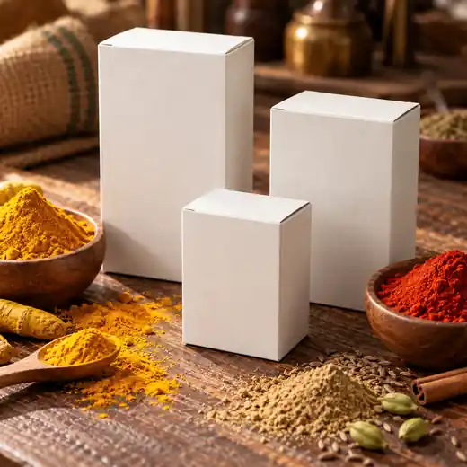 Printed white mono cartons for private-label spices, mock-up