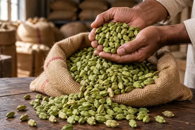 Raw green cardamom lot from Idukki, Kerala, opened for inspection