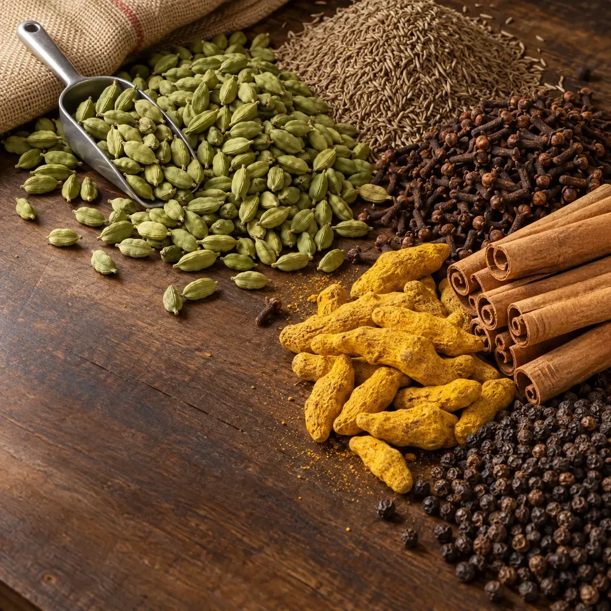 Single-origin Indian whole spices — green cardamom, cumin, cloves, turmeric from Lakadong, cinnamon and black pepper — on a sorting table