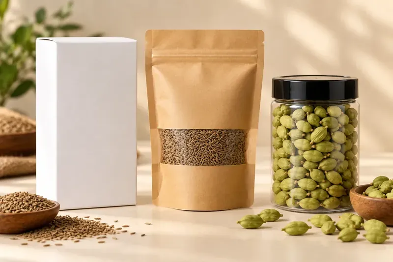 White-label spice packaging options: mono carton, flexible pouch and PET jar